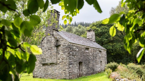 Tŷ Mawr Wybrnant with leaves in foreground